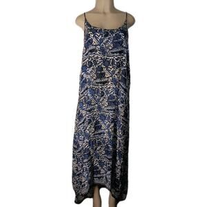 Natalie Martin 100% Silk Maxi Dress, Size S XS Spaghetti Strap Blue White Black